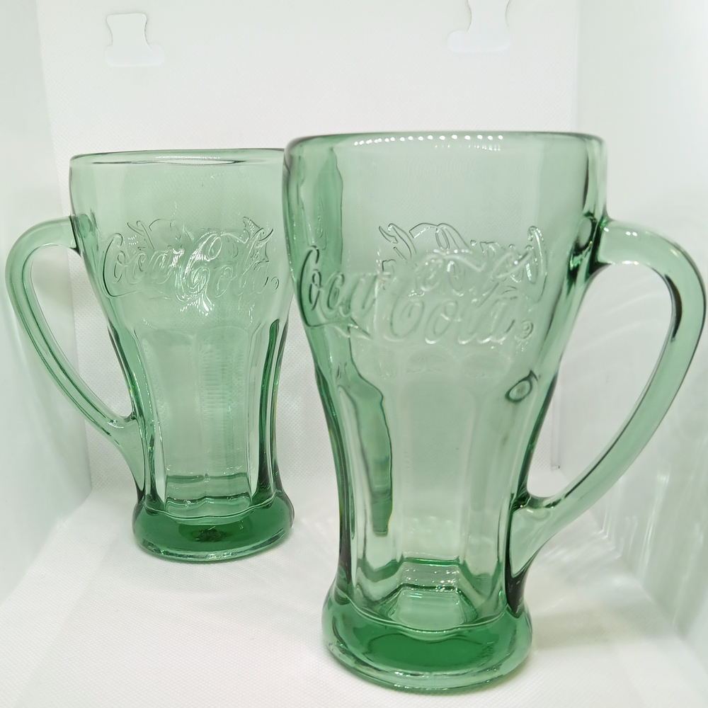 Vintage Green Libbey Coca-Cola Thick Glass Mug with Handle Drinkwear 2pk